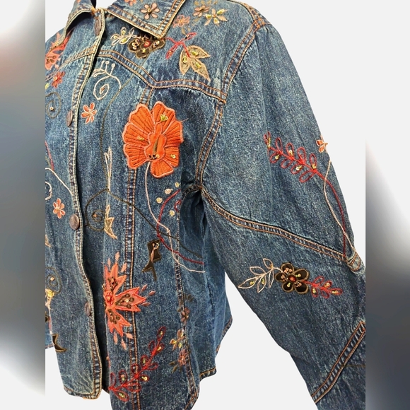 Flashback Couture Denim Jacket Ladies Sz L Vintage Floral Embroidered Rare - Picture 2 of 7